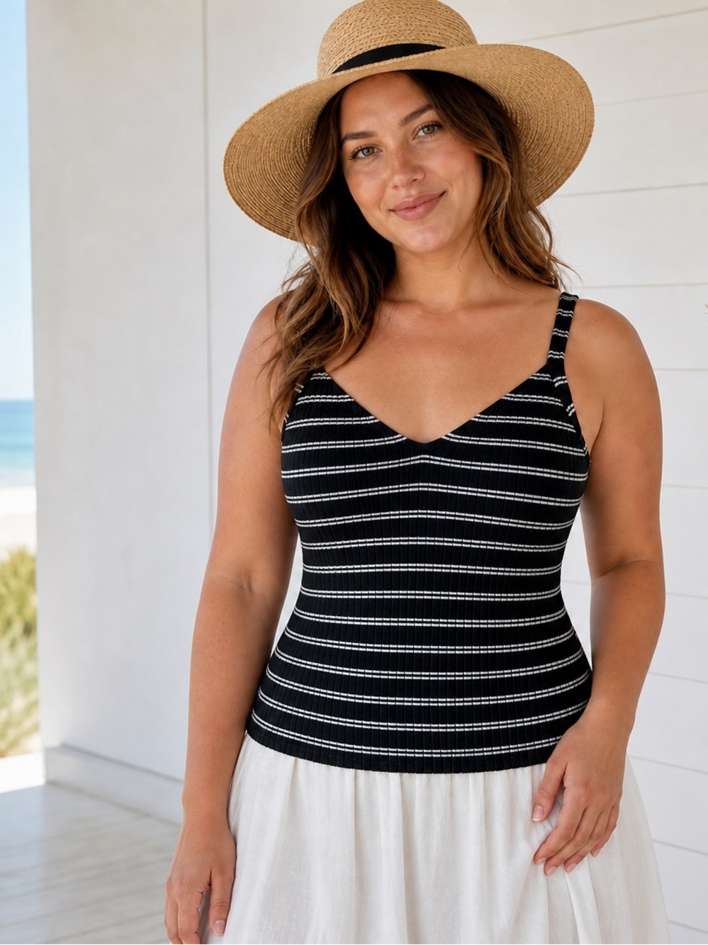 Seafolly Australia Tankini Top Women' Size 12 36DD Ribbed Striped Swimwear Tank